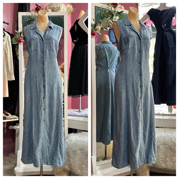 Vintage 90s Linen Maxi Dress Sleeveless Button Down Minimalist Light Wash M/L - Picture 1 of 8